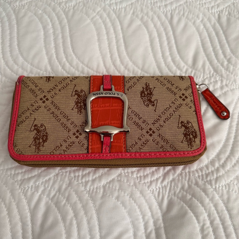 U.S. Polo Assn. Tan Monogram Print and Pink Piping Women's Wallet